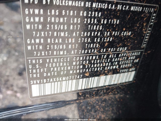 Продаж на аукціоні авто 2019 Volkswagen Tiguan 2.0t S, vin: 3VV1B7AX5KM071747, номер лоту: 45371314