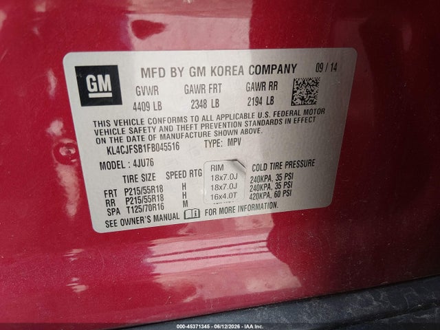 Aukcja sprzedaży 2015 Buick Encore Convenience, vin: KL4CJFSB1FB045516, numer aukcji: 45371345
