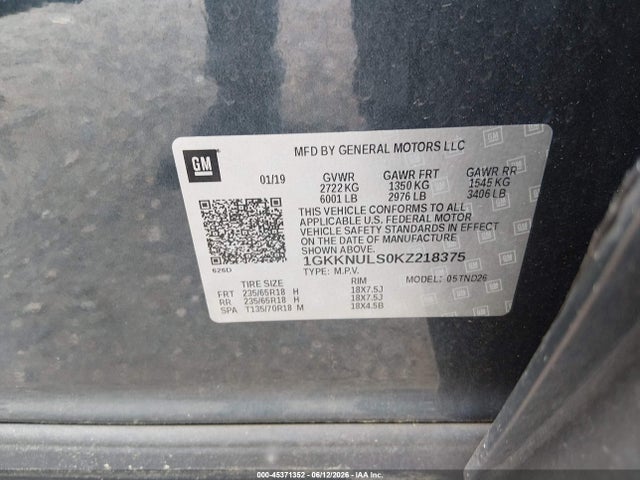 Aukcja sprzedaży 2019 Gmc Acadia Slt-1, vin: 1GKKNULS0KZ218375, numer aukcji: 45371352