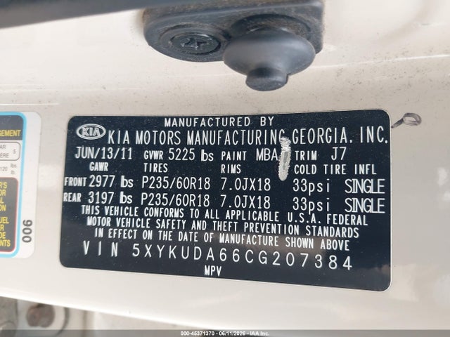 Aukcja sprzedaży 2012 Kia Sorento Ex, vin: 5XYKUDA66CG207384, numer aukcji: 45371370