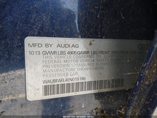 45371378 :رقم المزاد ، WAUBFAFL4EN019186 vin ، 2014 Audi A4 2.0t Premium مزاد بيع