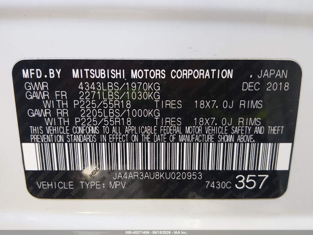 Продаж на аукціоні авто 2019 Mitsubishi Outlander Sport 2.0 Se, vin: JA4AR3AU8KU020953, номер лоту: 45371406