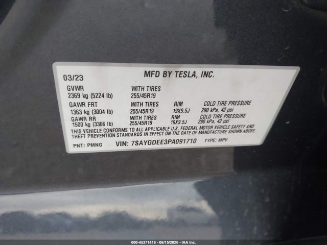 2023 Tesla Model Y Awd/long Range Dual Motor All-wheel Drive მანქანა იყიდება აუქციონზე, vin: 7SAYGDEE3PA091710, აუქციონის ნომერი: 45371416