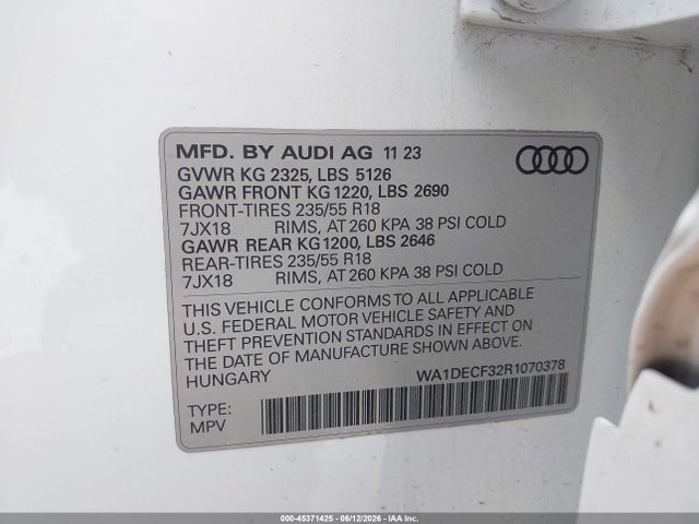 Aukcja sprzedaży 2024 Audi Q3 Premium 45 Tfsi S Line Quattro Tiptronic, vin: WA1DECF32R1070378, numer aukcji: 45371425