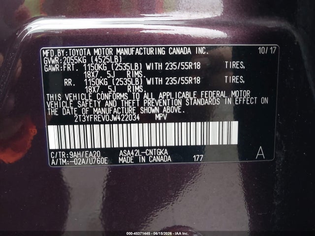 2018 Toyota Rav4 Limited მანქანა იყიდება აუქციონზე, vin: 2T3YFREV0JW422034, აუქციონის ნომერი: 45371445