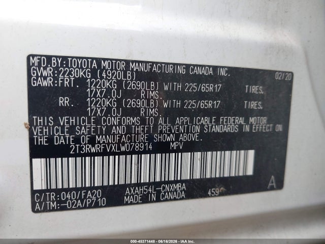 Продаж на аукціоні авто 2020 Toyota Rav4 Hybrid Xle, vin: 2T3RWRFVXLW078914, номер лоту: 45371448