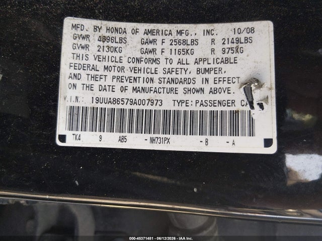 45371481 :رقم المزاد ، 19UUA86579A007973 vin ، 2009 Acura Tl 3.5 مزاد بيع