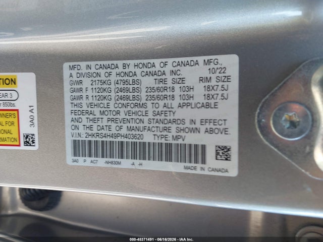 Aukcja sprzedaży 2023 Honda Cr-v Ex Awd, vin: 2HKRS4H49PH403620, numer aukcji: 45371491