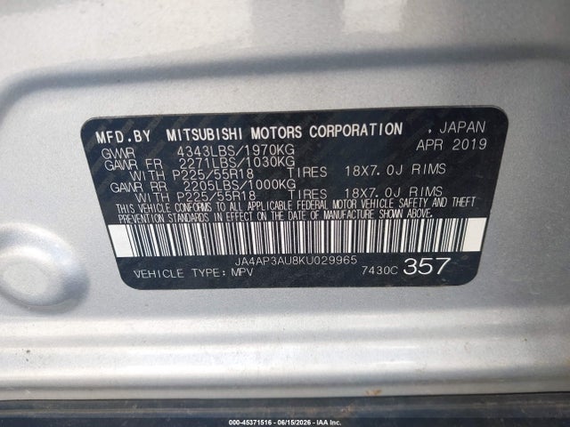 Продаж на аукціоні авто 2019 Mitsubishi Outlander Sport 2.0 Le, vin: JA4AP3AU8KU029965, номер лоту: 45371516