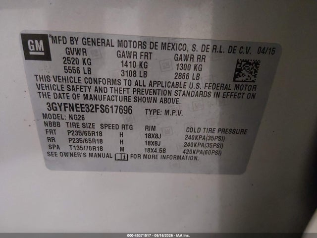 45371517 :رقم المزاد ، 3GYFNEE32FS617696 vin ، 2015 Cadillac Srx Luxury Collection مزاد بيع
