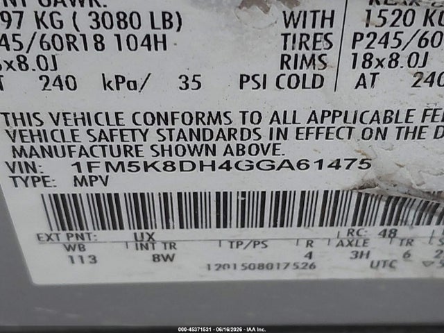 Продажа на аукционе авто 2016 Ford Explorer Xlt, vin: 1FM5K8DH4GGA61475, номер лота: 45371531