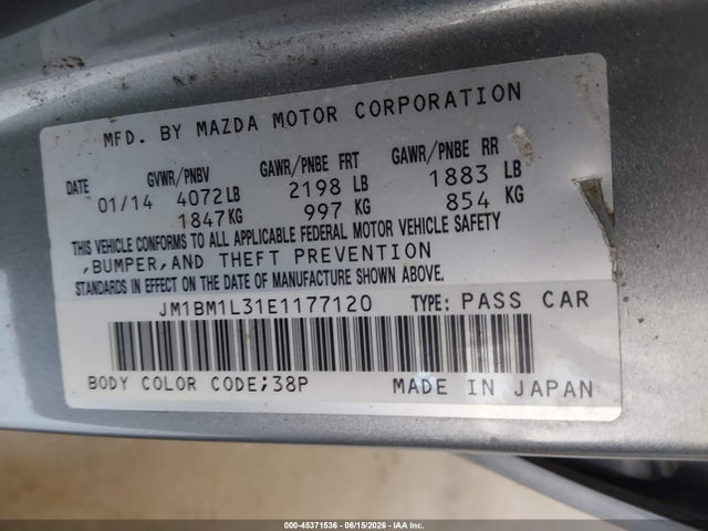 Aukcja sprzedaży 2014 Mazda Mazda3 S Touring, vin: JM1BM1L31E1177120, numer aukcji: 45371536