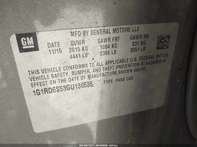 2016 Chevrolet Volt Premier მანქანა იყიდება აუქციონზე, vin: 1G1RD6S53GU130535, აუქციონის ნომერი: 45371577
