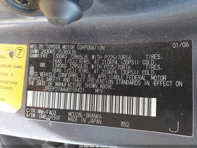 Aukcja sprzedaży 2006 Toyota Highlander V6, vin: JTEEP21A460159421, numer aukcji: 45371584