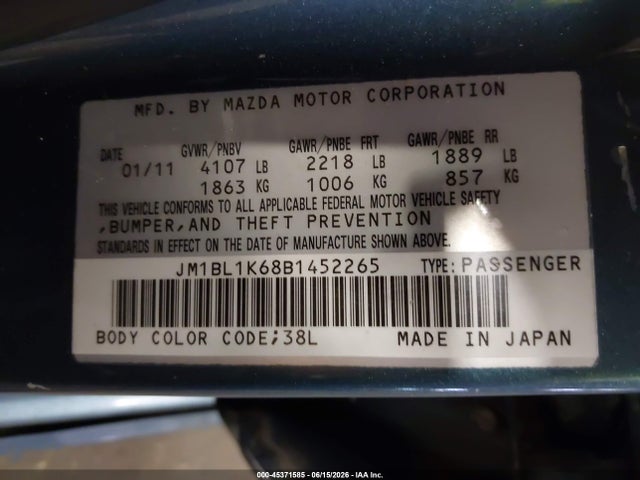 Продаж на аукціоні авто 2011 Mazda Mazda3 S Sport, vin: JM1BL1K68B1452265, номер лоту: 45371585