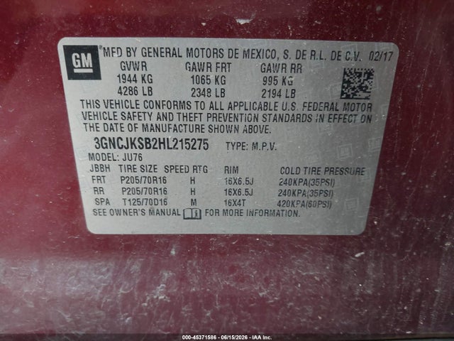 45371586 :رقم المزاد ، 3GNCJKSB2HL215275 vin ، 2017 Chevrolet Trax Ls مزاد بيع