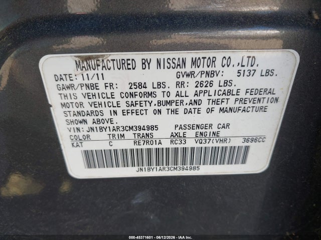 45371601 :رقم المزاد ، JN1BY1AR3CM394985 vin ، 2012 Infiniti M37x مزاد بيع