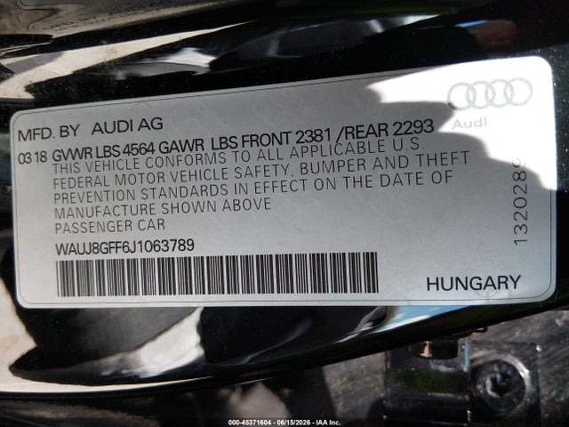 45371604 :رقم المزاد ، WAUJ8GFF6J1063789 vin ، 2018 Audi A3 2.0t Premium/2.0t Tech Premium مزاد بيع