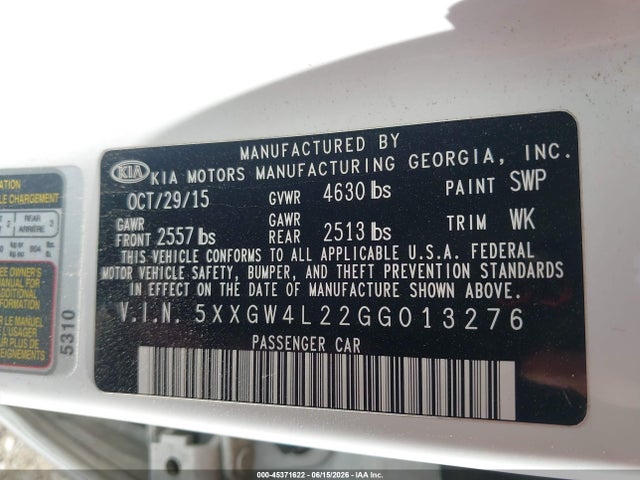 Aukcja sprzedaży 2016 Kia Optima Sx Turbo, vin: 5XXGW4L22GG013276, numer aukcji: 45371622