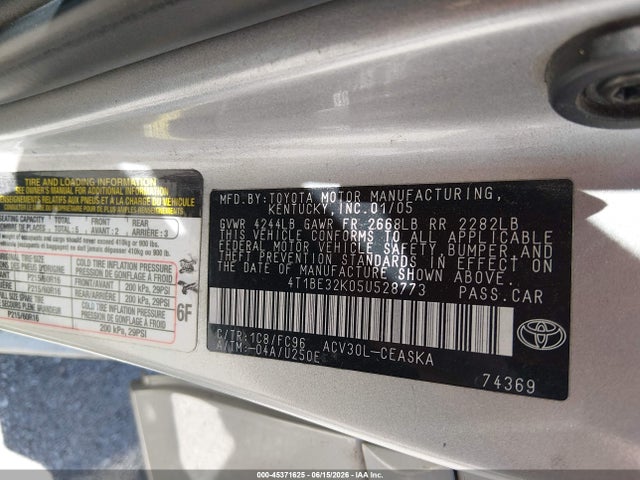 2005 Toyota Camry Se მანქანა იყიდება აუქციონზე, vin: 4T1BE32K05U528773, აუქციონის ნომერი: 45371625
