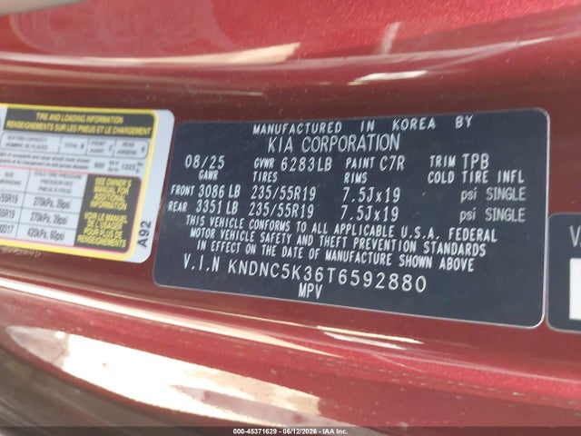 Продажа на аукционе авто 2026 Kia Carnival Mpv Ex, vin: KNDNC5K36T6592880, номер лота: 45371629