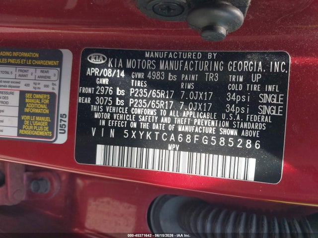 KIA SORENTO LX 2015 5XYKTCA68FG585286 Image 9