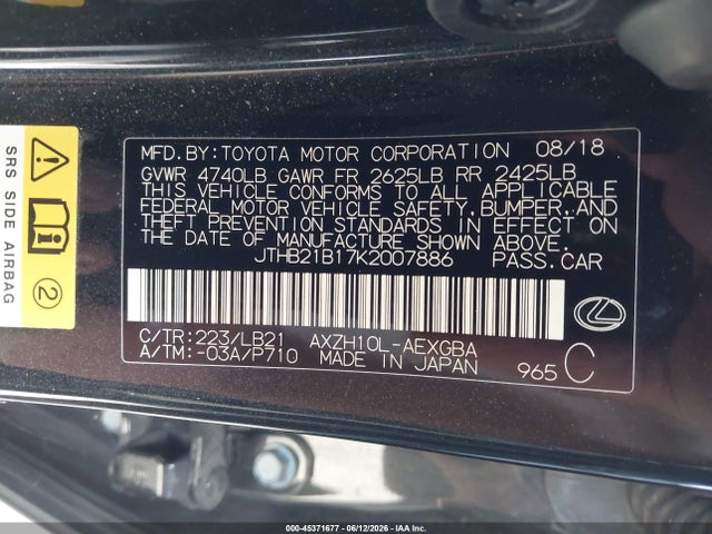 Продажа на аукционе авто 2019 Lexus Es 300h Luxury, vin: JTHB21B17K2007886, номер лота: 45371677