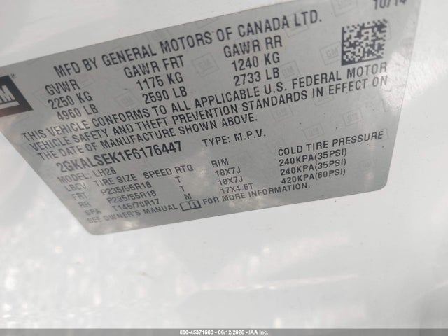 Продажа на аукционе авто 2015 Gmc Terrain Slt-1, vin: 2GKALSEK1F6176447, номер лота: 45371683