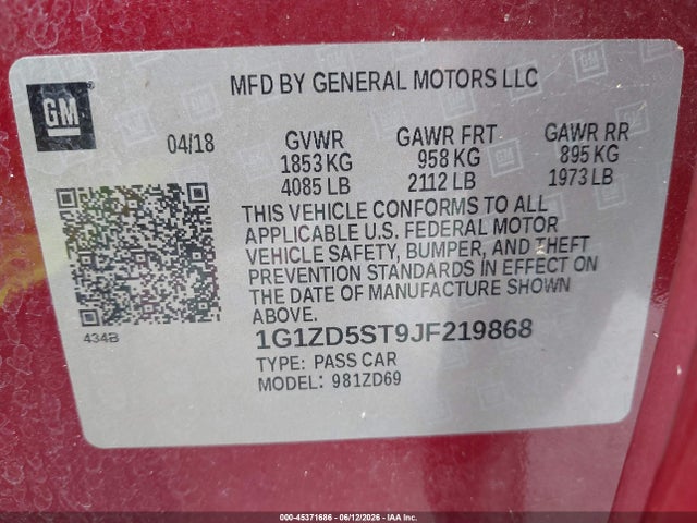 Продаж на аукціоні авто 2018 Chevrolet Malibu Lt, vin: 1G1ZD5ST9JF219868, номер лоту: 45371686