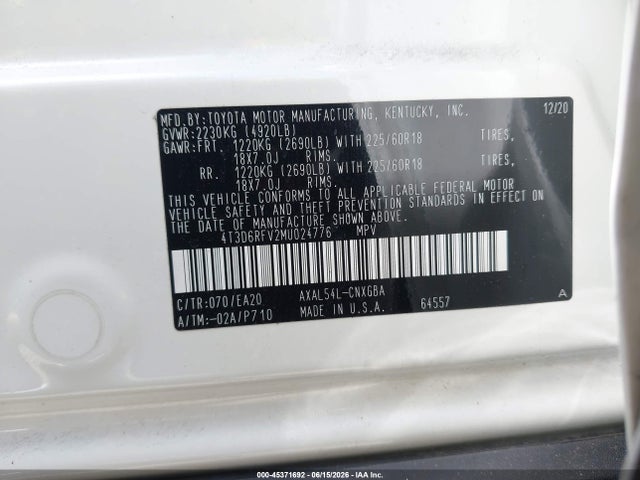 4T3D6RFV2MU024776 Toyota Rav4 Hybrid Limited