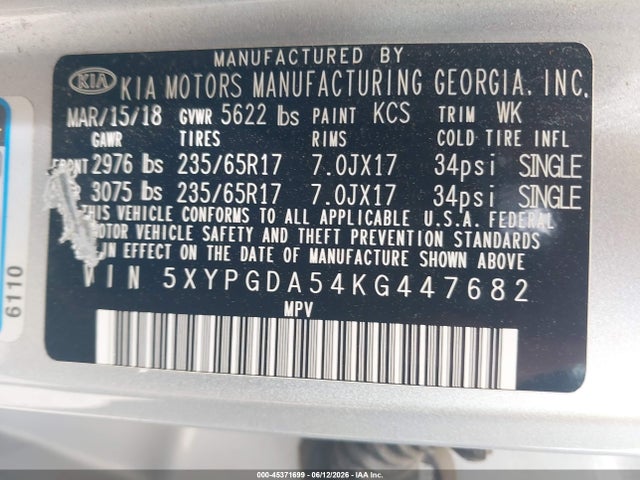 Продаж на аукціоні авто 2019 Kia Sorento 3.3l Lx, vin: 5XYPGDA54KG447682, номер лоту: 45371699