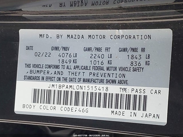 2022 Mazda Mazda3 Premium მანქანა იყიდება აუქციონზე, vin: JM1BPAML0N1515418, აუქციონის ნომერი: 45371706