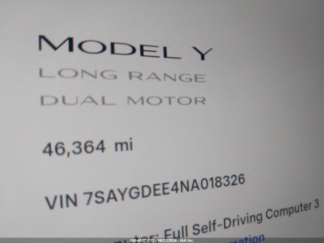 Продаж на аукціоні авто 2022 Tesla Model Y Long Range Dual Motor All-wheel Drive, vin: 7SAYGDEE4NA018326, номер лоту: 45371712