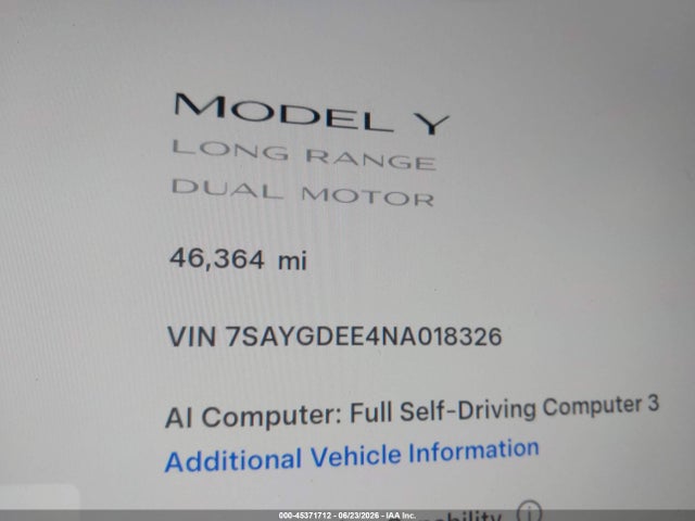 Продаж на аукціоні авто 2022 Tesla Model Y Long Range Dual Motor All-wheel Drive, vin: 7SAYGDEE4NA018326, номер лоту: 45371712