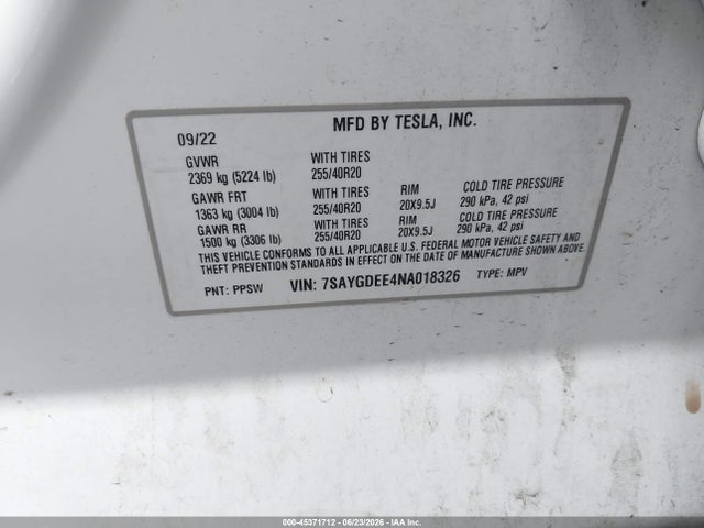 Продаж на аукціоні авто 2022 Tesla Model Y Long Range Dual Motor All-wheel Drive, vin: 7SAYGDEE4NA018326, номер лоту: 45371712