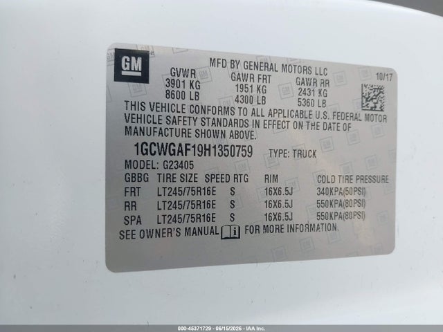 Продажа на аукционе авто 2017 Chevrolet Express 2500 Work Van, vin: 1GCWGAF19H1350759, номер лота: 45371729