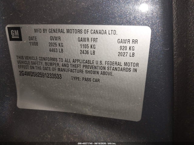 2009 Buick Lacrosse Cxl მანქანა იყიდება აუქციონზე, vin: 2G4WD582591233533, აუქციონის ნომერი: 45371745