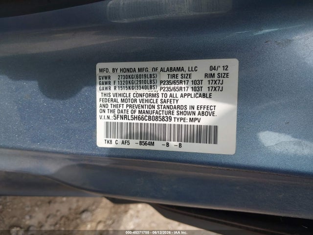 Aukcja sprzedaży 2012 Honda Odyssey Ex-l, vin: 5FNRL5H66CB085839, numer aukcji: 45371755