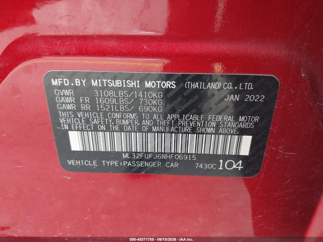 2022 Mitsubishi Mirage G4 Black Edition/es/le მანქანა იყიდება აუქციონზე, vin: ML32FUFJ6NHF06915, აუქციონის ნომერი: 45371758