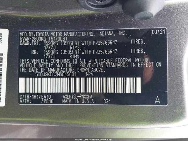 Toyota SIENNA XLE 2021 5TDJSKFC2MS015601 Image 9