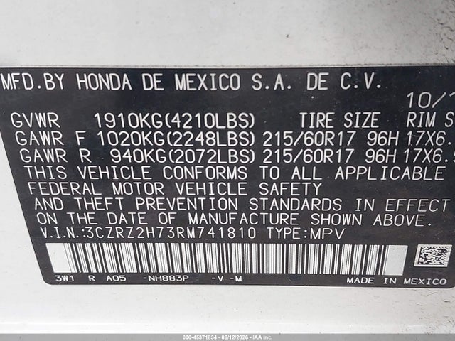 Aukcja sprzedaży 2024 Honda Hr-v Awd Ex-l/awd Ex-l W/o Bsi, vin: 3CZRZ2H73RM741810, numer aukcji: 45371834