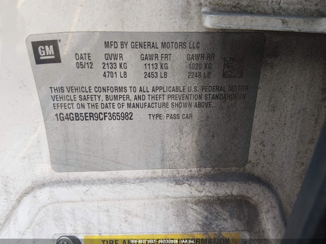 Продажа на аукционе авто 2012 Buick Lacrosse Convenience Group, vin: 1G4GB5ER9CF365982, номер лота: 45371837