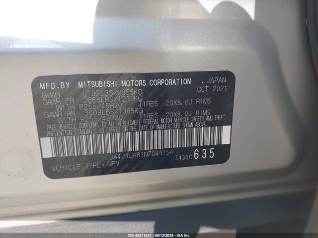 Продажа на аукционе авто 2022 Mitsubishi Outlander Se 2.5 S-awc, vin: JA4J4UA81NZ044154, номер лота: 45371847
