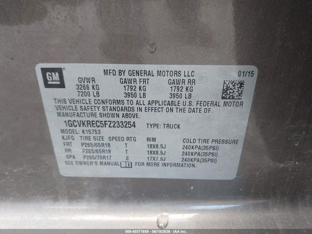 Продаж на аукціоні авто 2015 Chevrolet Silverado 1500 Lt, vin: 1GCVKREC5FZ233254, номер лоту: 45371859