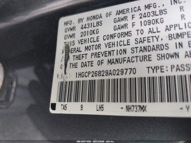 Aukcja sprzedaży 2009 Honda Accord 2.4 Ex-l, vin: 1HGCP26829A029770, numer aukcji: 45371882