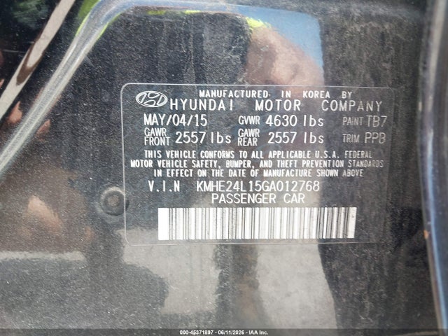 45371897 :رقم المزاد ، KMHE24L15GA012768 vin ، 2016 Hyundai Sonata Hybrid Se مزاد بيع