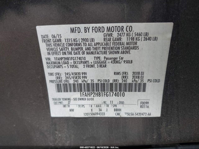 Aukcja sprzedaży 2015 Ford Taurus Sel, vin: 1FAHP2H81FG174010, numer aukcji: 45371922