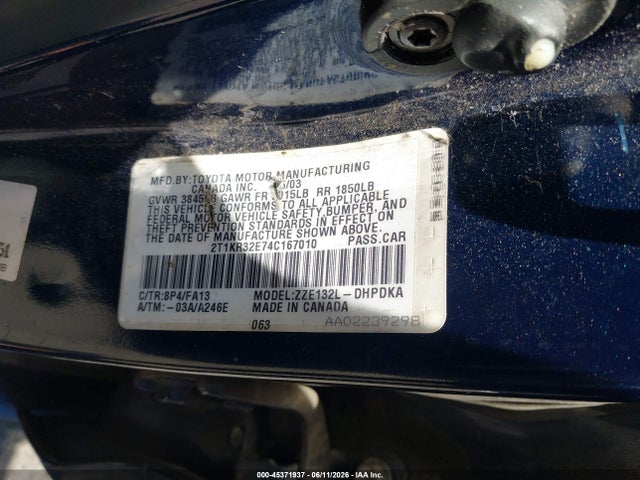 2004 Toyota Matrix Standard მანქანა იყიდება აუქციონზე, vin: 2T1KR32E74C167010, აუქციონის ნომერი: 45371937