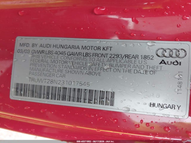 Aukcja sprzedaży 2003 Audi Tt 1.8l, vin: TRUWT28N231017545, numer aukcji: 45371952
