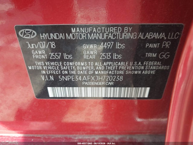 45371960 :رقم المزاد ، 5NPE34AFXJH720238 vin ، 2018 Hyundai Sonata Sel+ مزاد بيع